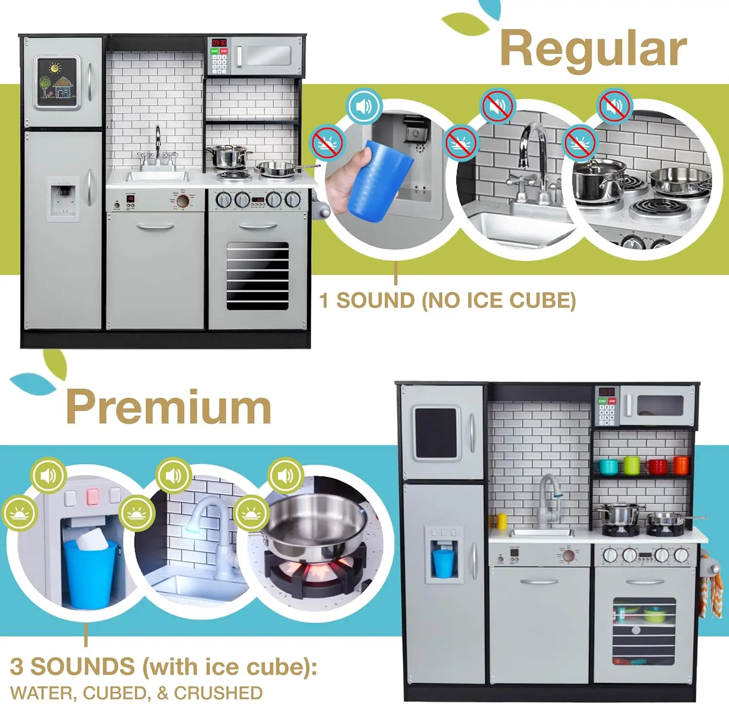 مجموعة مطبخ خشبية للأطفال ، تعمل بالبطارية ، صانع الجليد ، الميكروويف مع صوت واقعي ، الأواني والمقلاة ، لعب المطبخ