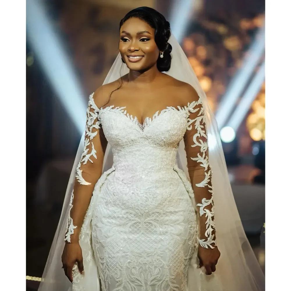 العربية Aso Ebi حورية البحر فساتين الزفاف الدانتيل مطرز انفصال قطار زي العرائس فساتين الزهور الدانتيل زين حسب الطلب