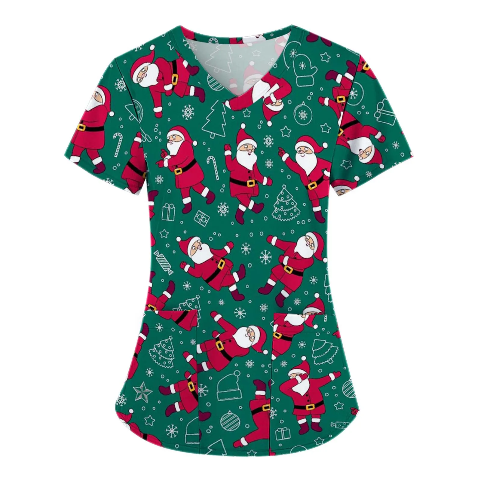 Christmas Clinical Uniform Woman Cartoon Print Dental Nurse V-Neck Short Sleeve Patch Pocket Health Care Surgical Uniforms Woman