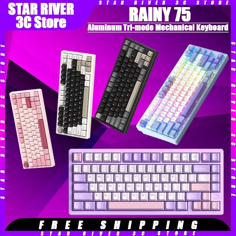 

Механическая клавиатура RAINY75 из алюминиевого сплава, трехрежимная RGB беспроводная клавиатура с горячей заменой, RGB прокладка, аксессуары для ПК, подарки