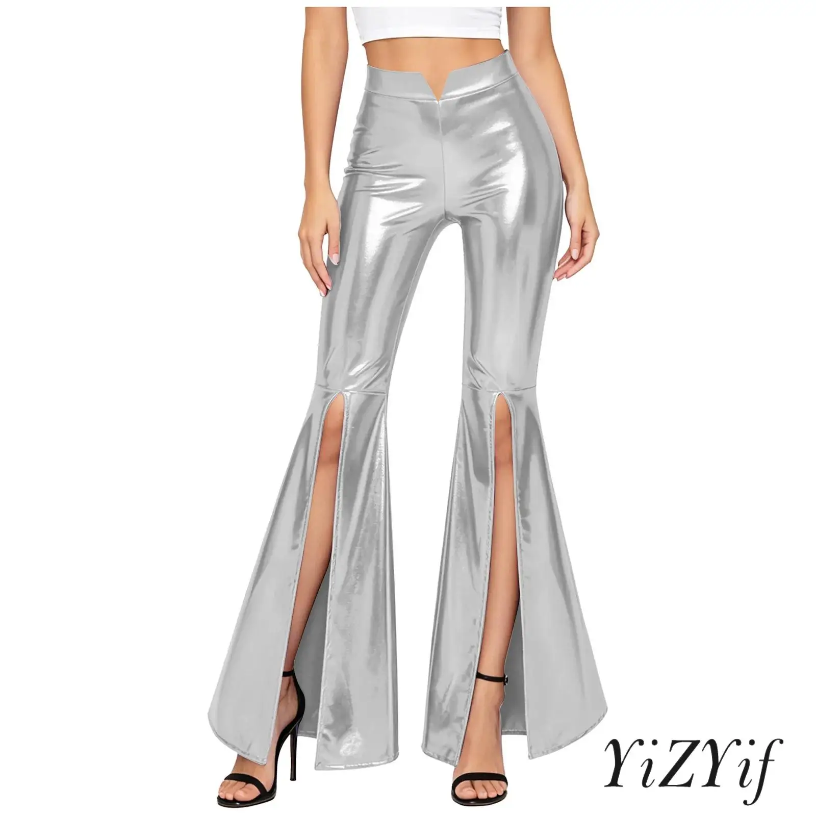 

Womens Club Stage Dancing Pants Disco Style Metallic Shiny V Notched High Waist Split Bell Bottom Jazz Hip Hop Flared Trousers