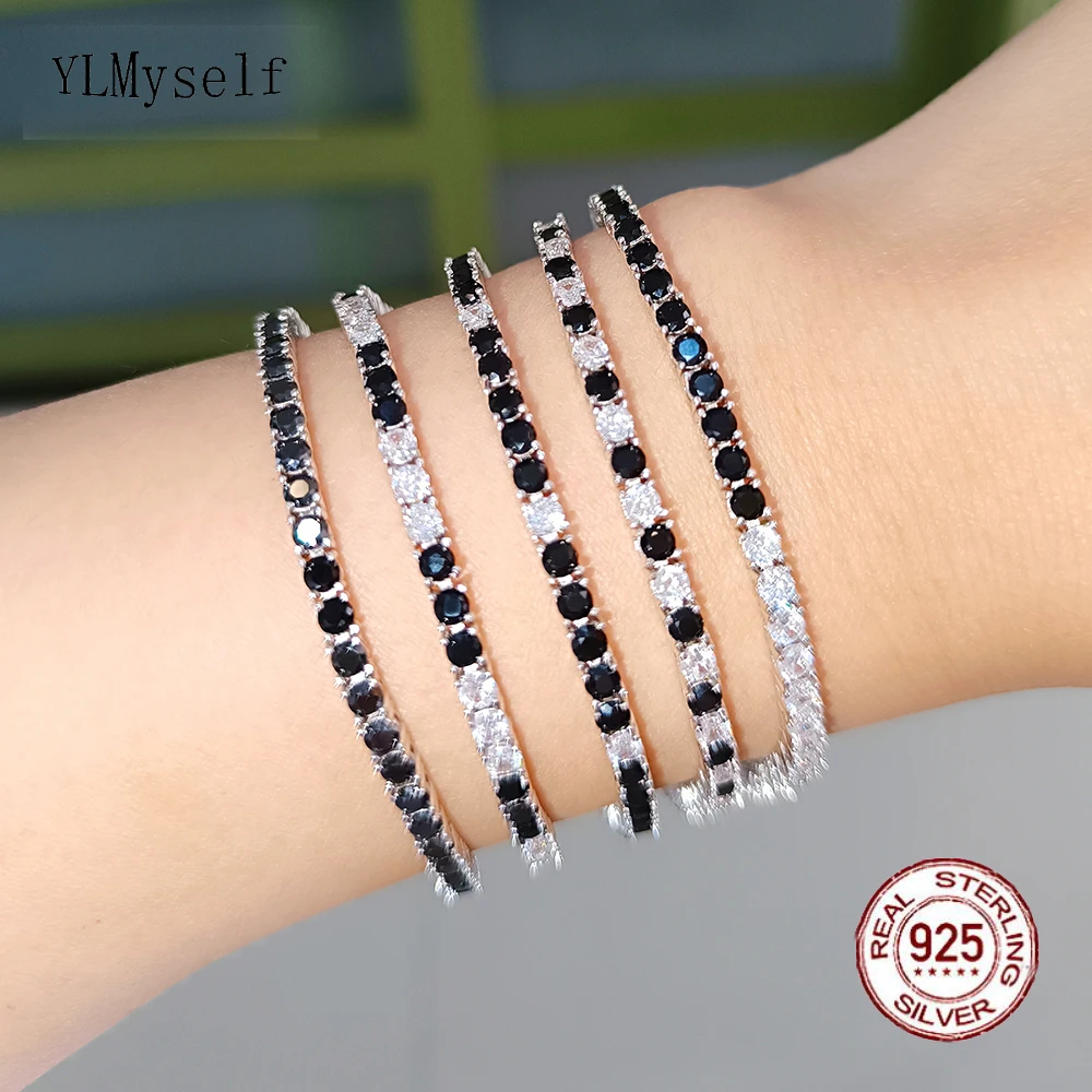 

3mm S925 Silver Tennis Bracelet Pave Black Mix White Cubic Zircon 16-21CM Hiphop Rock Solid Fine Jewelry For Women/Men