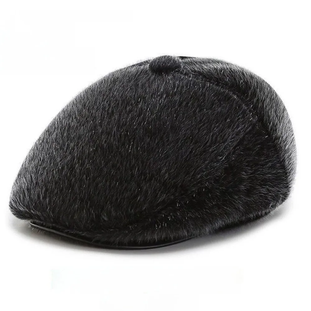 Faux Mink Fur Faux Mink Fur Beret Thermal Lining Peaked Brim Flat Cap Soft Fabric Ear Flap Design Winter Warm Hat For Grandpa