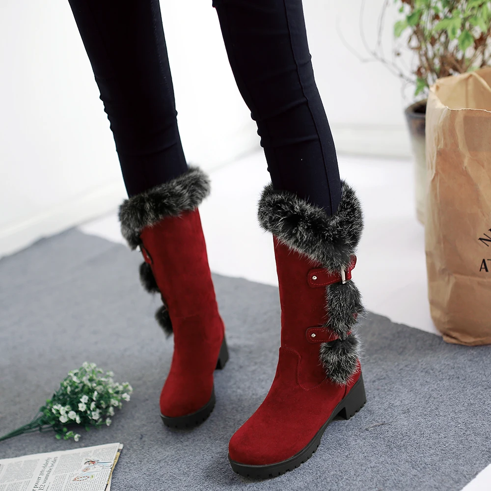 

Woman Fashion Slip on Mid-calf Boots Block Heel Fur-lined Botas