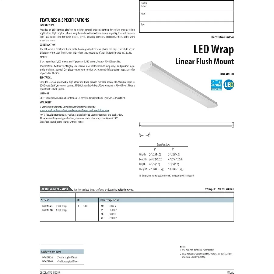 2 voet LED-lichtarmatuur LowProfile LED Wraparound inbouw plafondlamp 3000K warm wit 120V 24 inch FMLWL 24 830