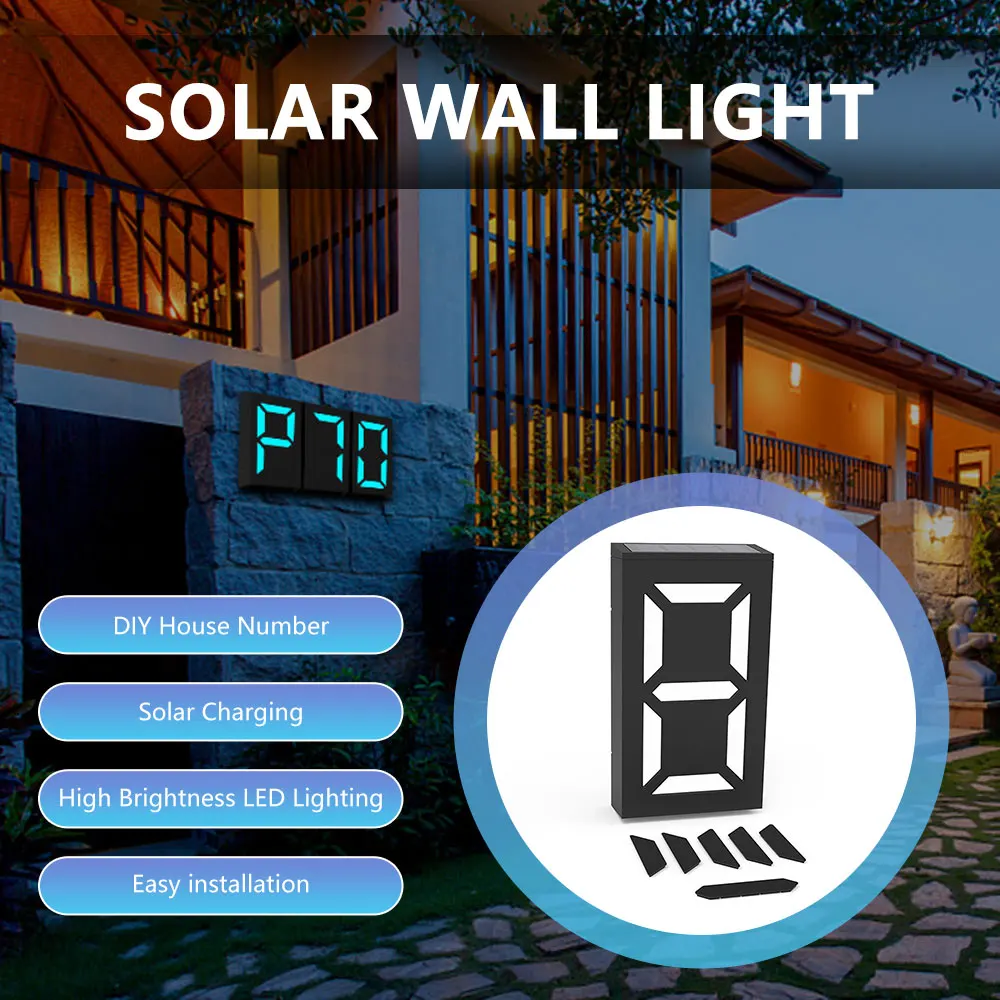 Número solar ao ar livre LED House Numbers, Sinais de placa solar, Iluminação RGB Digital Address, Luz recarregável do número da casa