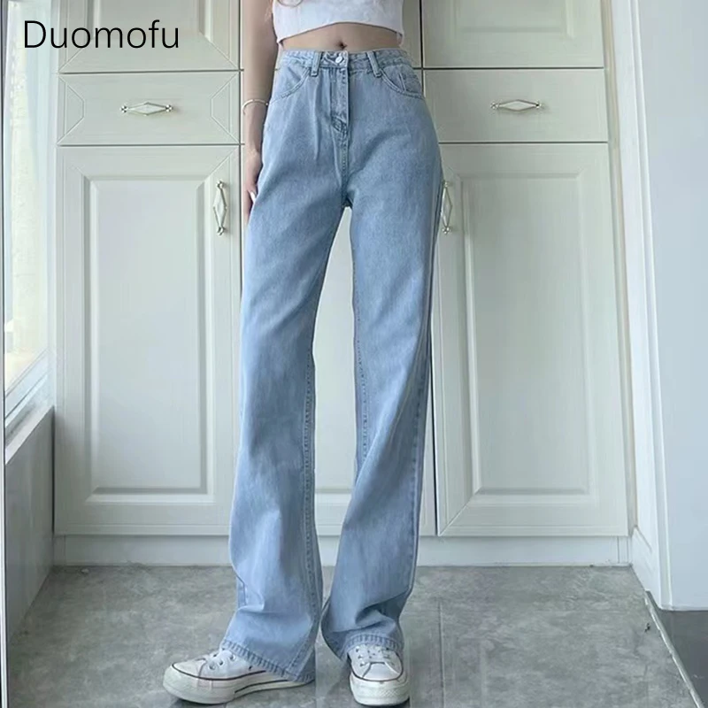 

Duomofu Light Blue Chicly High Waist Slim Straight Female Jeans Classic Full Length Simple Casual Fashion Pure Color Women Jeans