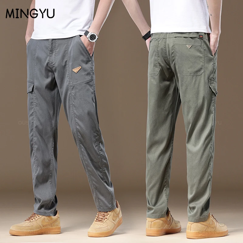 

Brand Clothing Summer Soft Lyocell Fabric Men's Cargo Pants Thin Work Wear Elastic Waist Korean Outdoors Jogger Casual Trousers