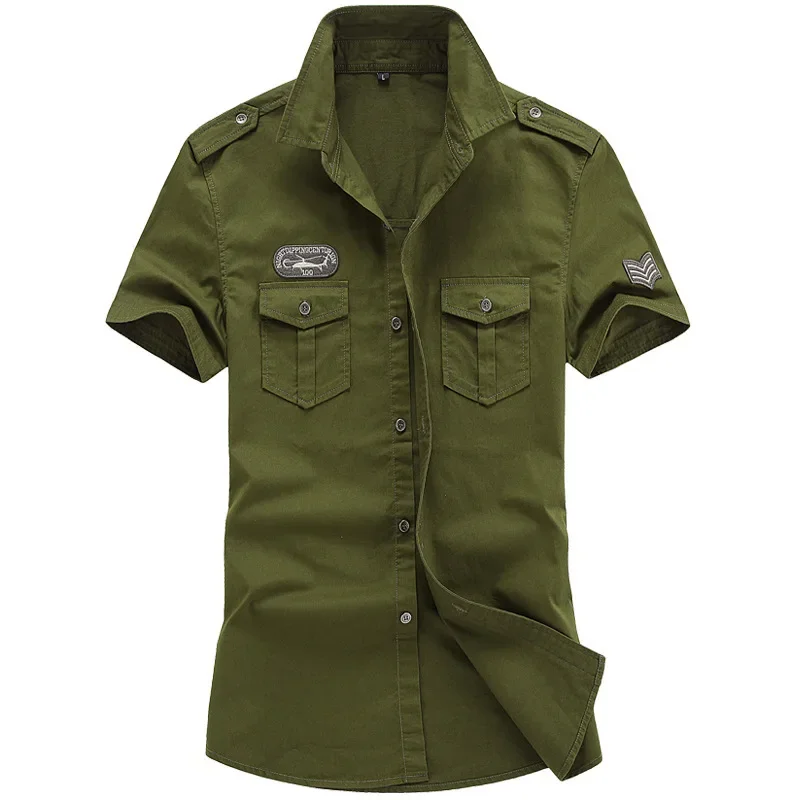 Chemise Militaire à Manches Courtes pour Homme, Vêtement d'Été, Couleur Unie, Haute Qualité, 2023 Coton, Poche, Grande Taille 5XL, 100%