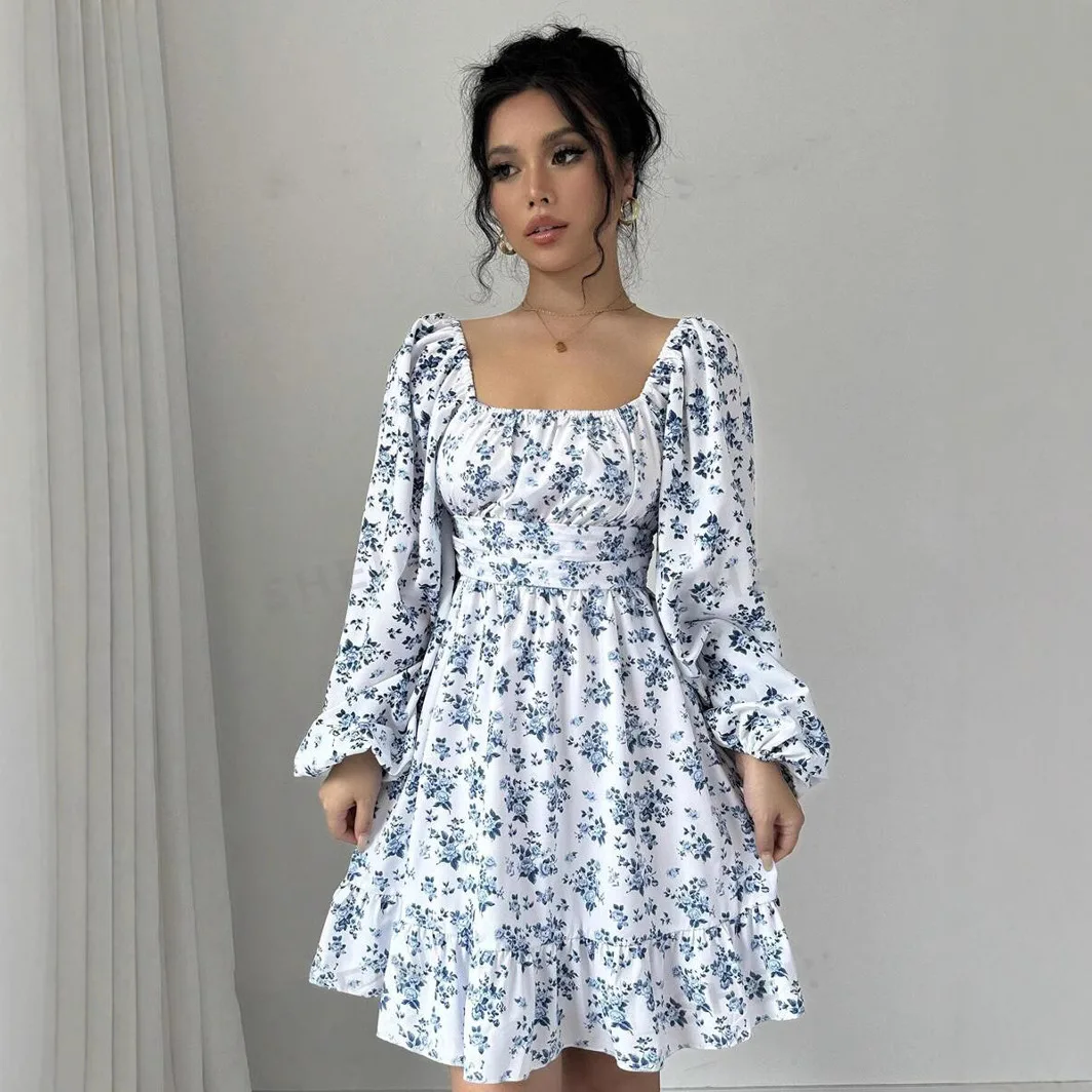2026 International Women's Fashion Fresh Sweet Style Dress Autumn Winter Square Neck Floral Design Elegant Short Dress Prom