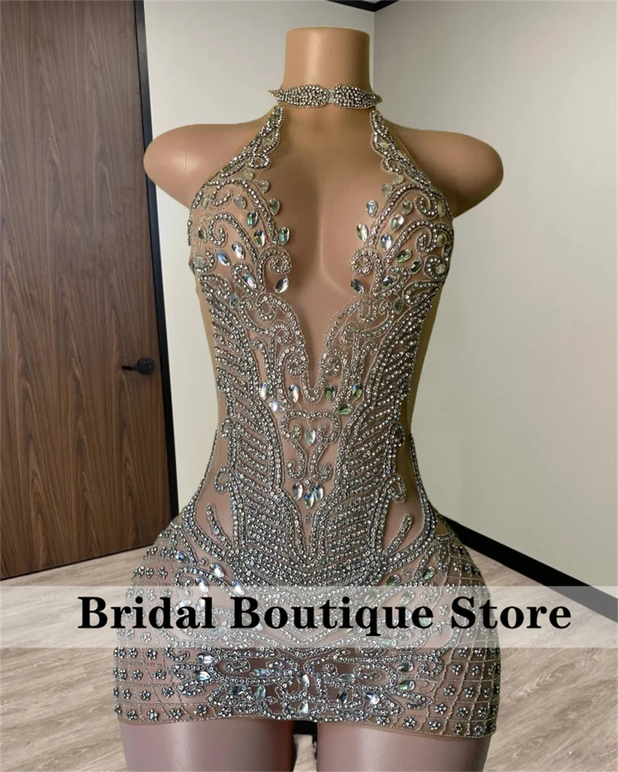 Sparkly Silver Diamonds Prom Dress 2024 For Black Girls Bead Crystal Birthday Party Cocktail Senior Homecoming  Customized