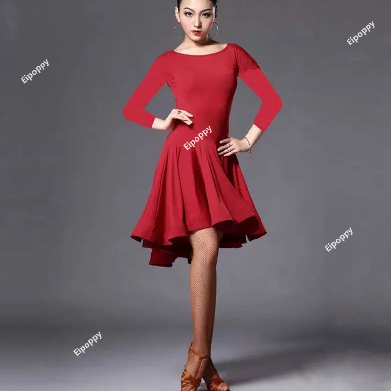 2024 Latin Dance Dresses for Women Fashion Short Long Sleeve Latin Dance Skirt 2 Colors Spandex Ballroom Samba Tango Costume