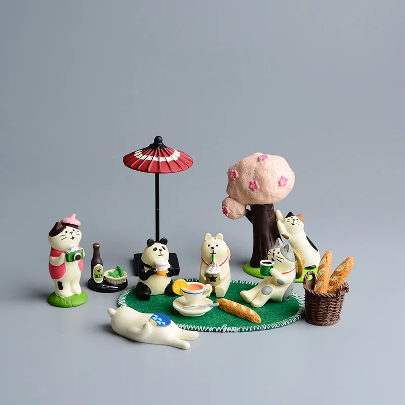 ZAKKA-miniaturas de pícnic con forma de gato, oso Panda, artesanía de resina, adornos de escritorio, figuritas, accesorios de decoración, juguetes artesanales