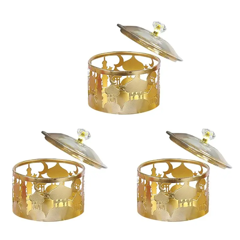 AT63-3X Ramadan Trays With Lid - Metal Gold Eid Mubarak Tray Ramadan Plate Candy Dish Food Storage Cookie Trinket Box