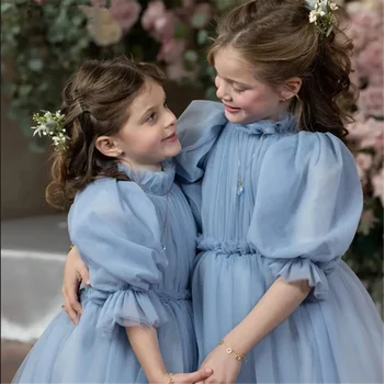 Robe de Bal en Tulle Bleu pour Fille, Demi Manches, pour Mar...