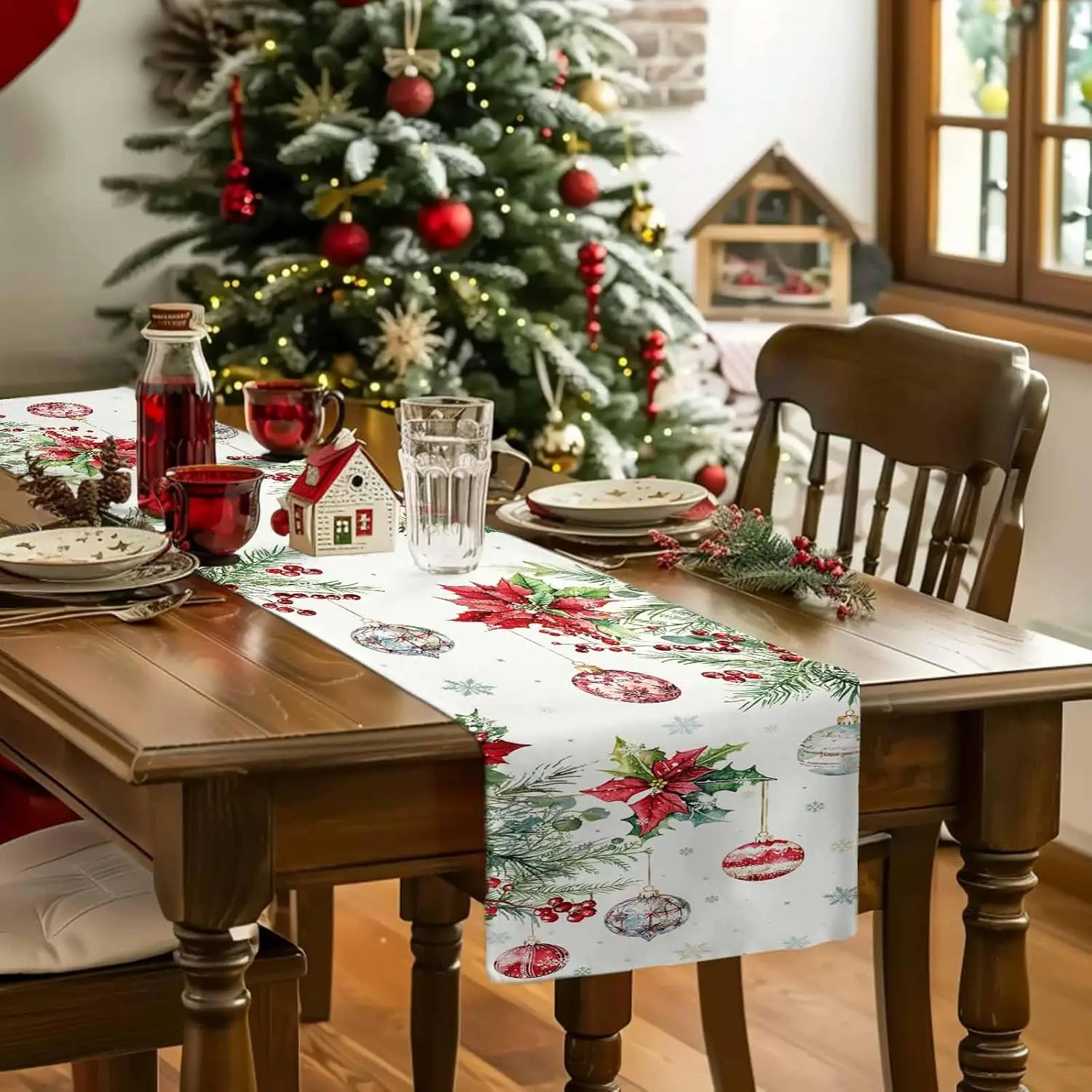 Christmas Poinsettia Linen Table Runner Party Decor Winter Xmas Ball Snowflake Kitchen Dining Table Runner Christmas Decorations