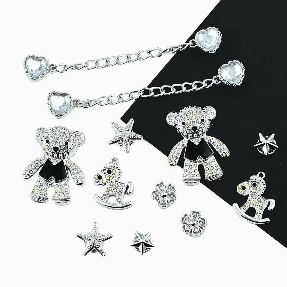 12-teiliges Schuh-Charm-Set, Silberbär, herzförmige Diamantkette, Schuhdekorationen, Schnalle für Sandalen, Clogs, DIY-Zubehör, Geschenke