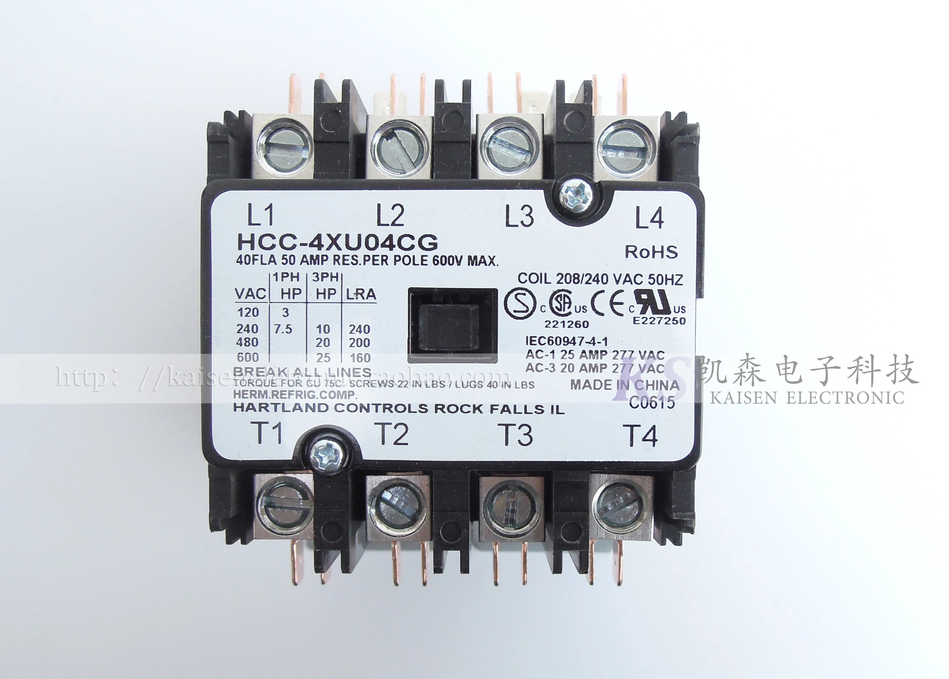 

208V-240V 40A HCC-4XU04CG Hartland Controls 4-pole AC contactor