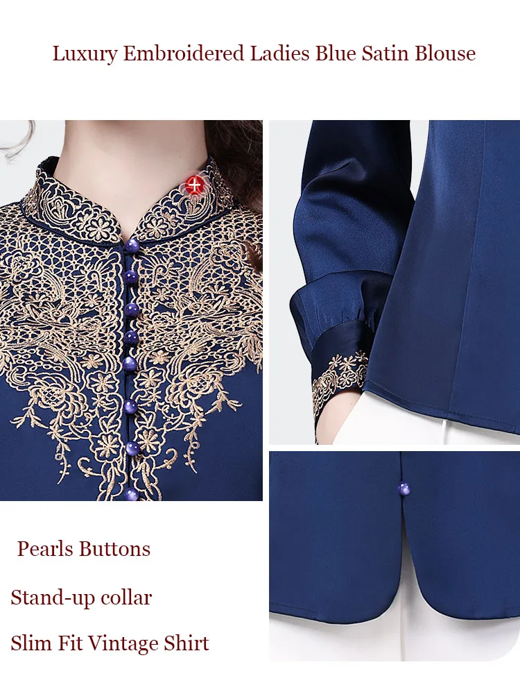 Luxury Embroidered Ladies Blue Satin Blouse 2024 Spring Summer Long Sleeve Tops Vintage Elegant Slim Cinched Waist Shirts