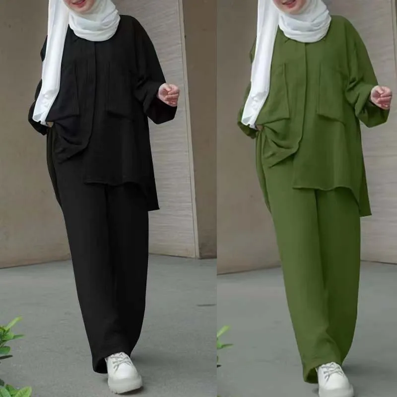 Muslim Women Abaya Set Long Sleeve Pockets Cardigan Blouse+pants 2pcs Islamic Casual Clothes Ensembles Musulmans Plus Size S-5XL