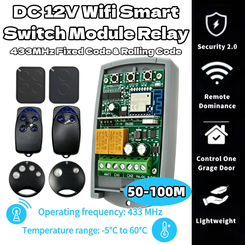 

Tuya WIFI Garage Door Opener Gate Receiver 2ch 433mhz 433.92mhz Universal Fixed Rolling Code Multi Brand Controller Switch
