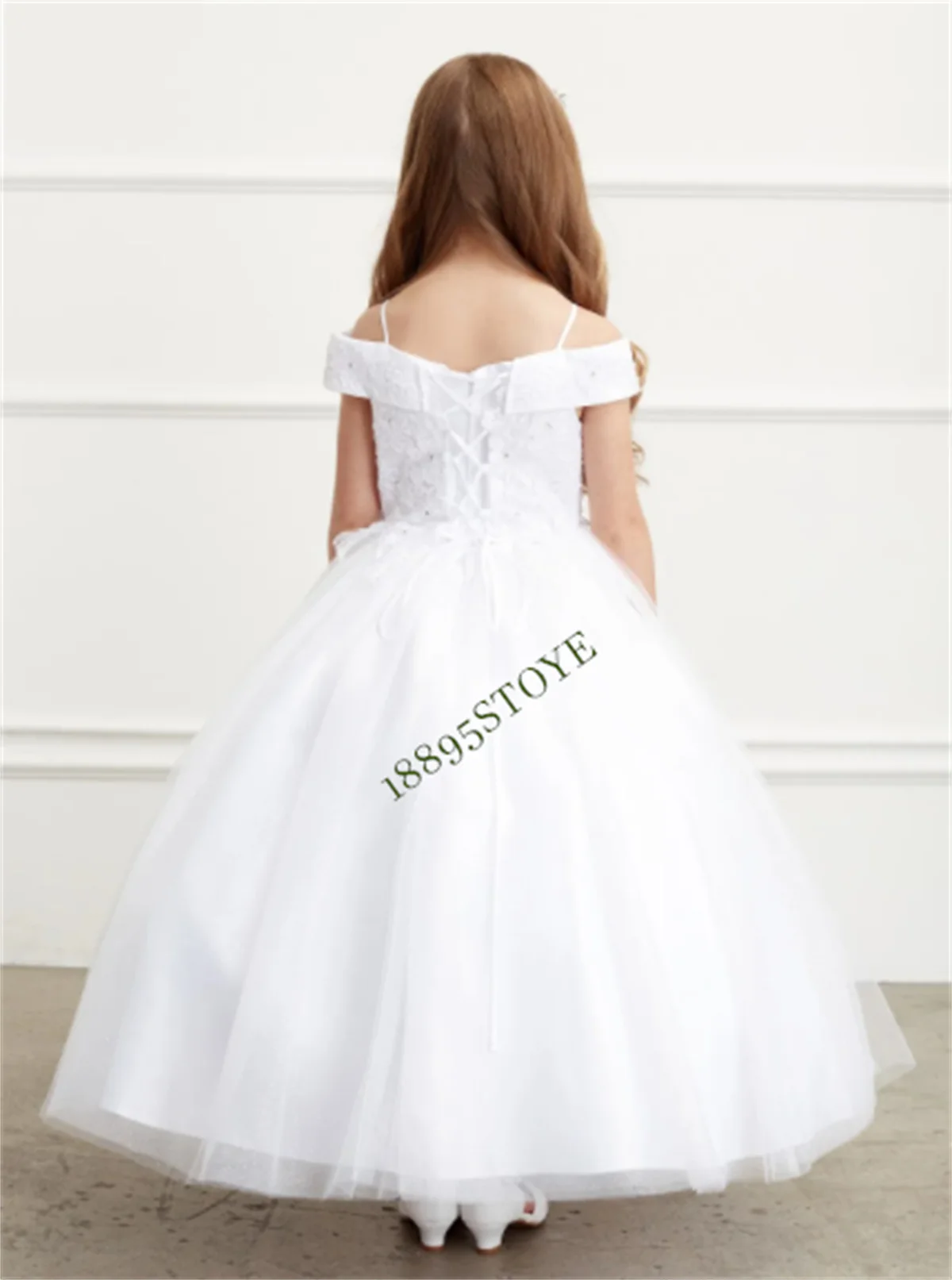 

Elegant White Flower Girl Dress For Wedding Lace Tulle Beaded Applique Puffy Princess Kids First Communion Gown