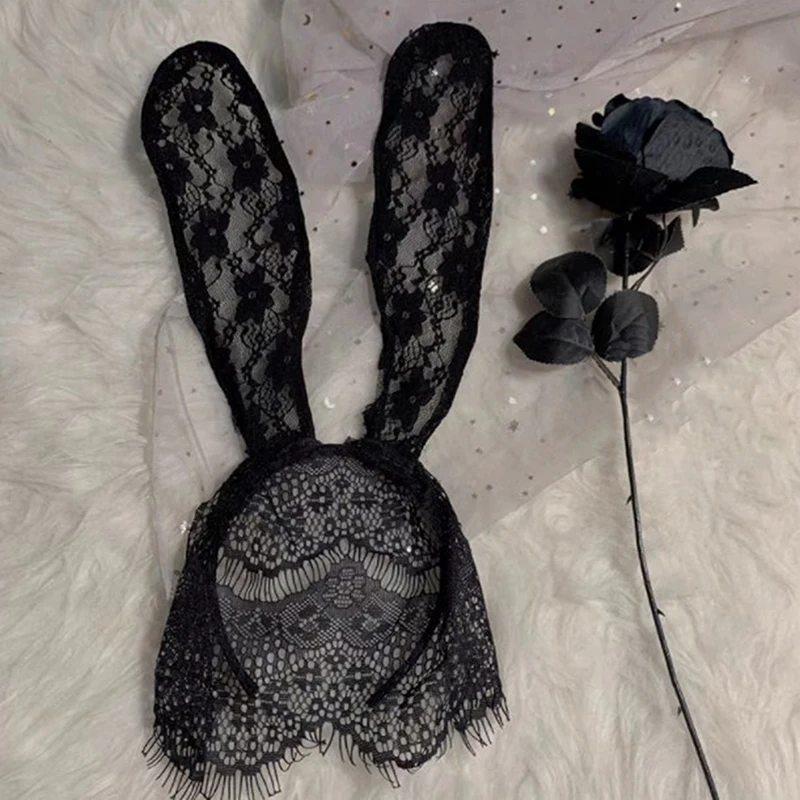 

Gothic Lace Rabbit Bunny Ears Veil Black Eye Mask Halloween Party Headwear Hair Accessories Fashion Women Girl Hairbands Sex