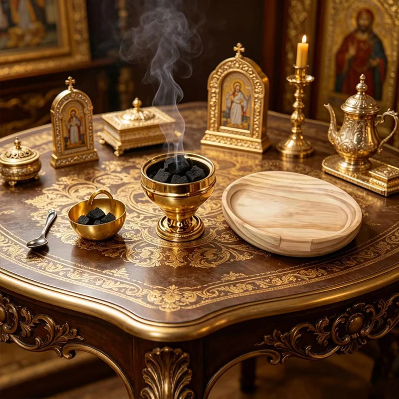 

Religious Christian Gift Orthodox Altar Set Gold Metal Holy Oil Container Spoon Wood Tray Church Priest Supplies Home Decoration