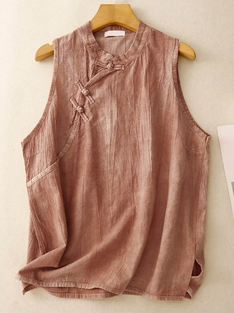 夏用コットンリネン染めベスト レディース チャイニーズスタイル 国風 スタンドカラー トップス リネン 快適 多用途 ベスト