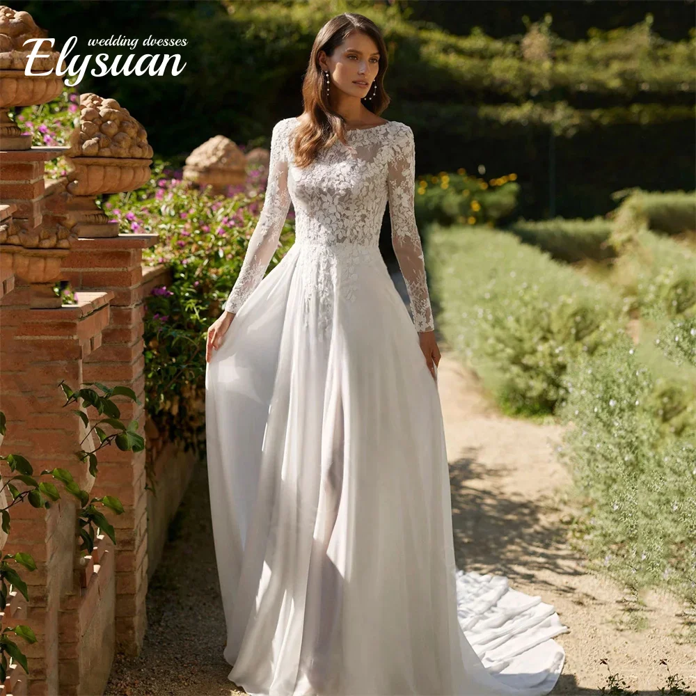 Vestido de novia de playa sin espalda con cuello redondo blanco personalizado Apliques de encaje mangas largas vestidos de novia vestido Formal de corte a