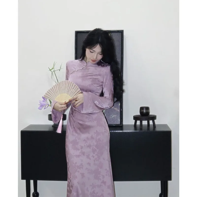 

New Chinese-style Women Clothing Autumn Winter Improved Cheongsam High-end Exquisite Elegant Purple Button-up Dress Traditional