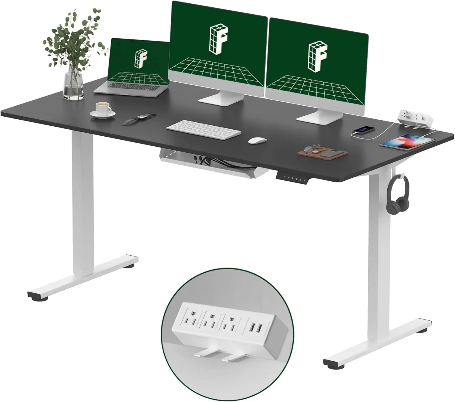 Stand up table with clip on power board, 60 x 24 adjustable height stand up table (white frame+60 inch black tabletop, 2 packs)