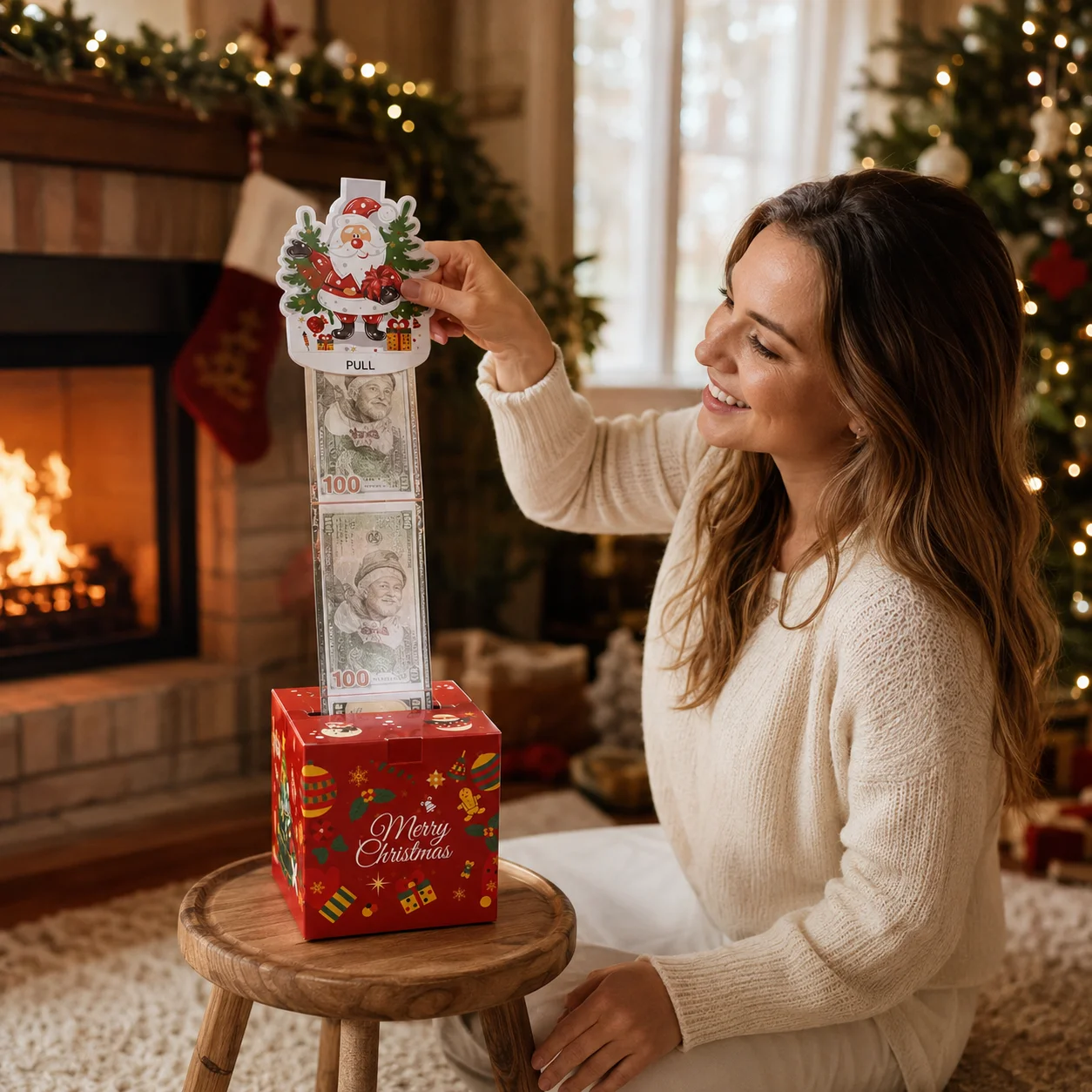 Christmas Pull Money Gift Box Santa Claus Surprise Cash Holder with Clear Sleeves DIY Creative Holiday Gift Packaging Box