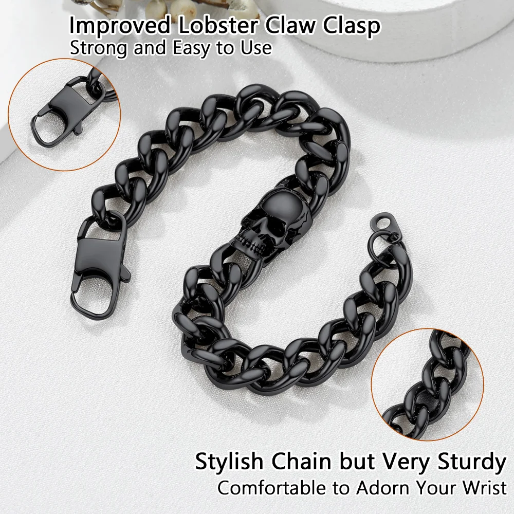 Bracciale Da Uomo In Pelle E Chiusura Con Giglio E Teschio Cubo In Acciaio