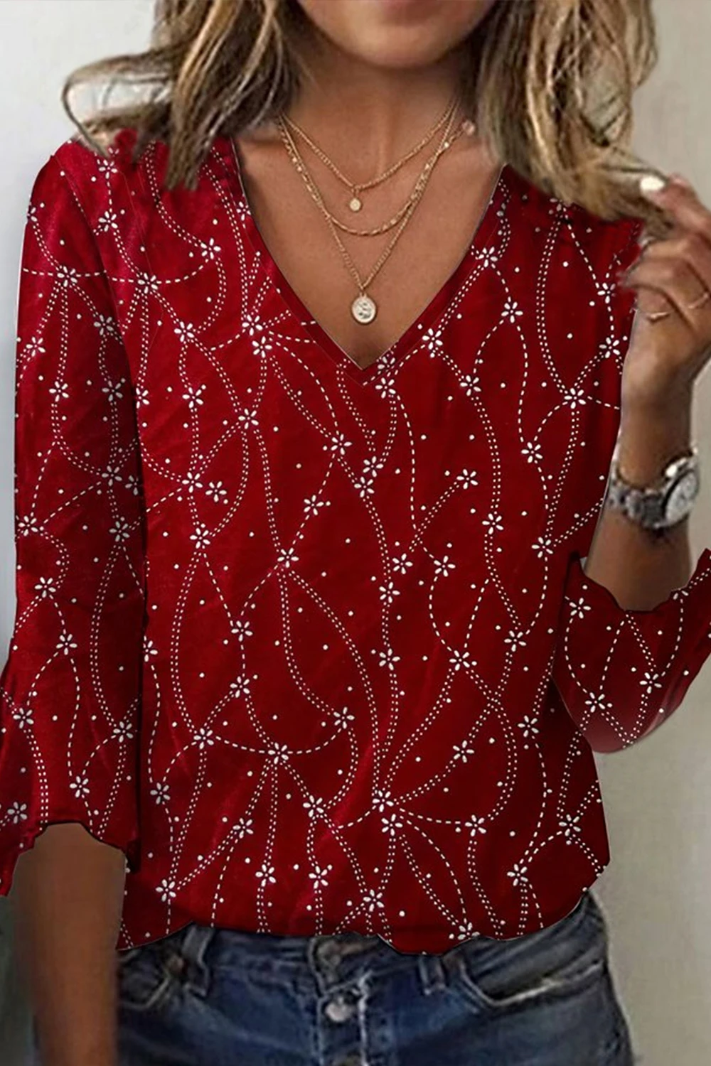 

Flycurvy Plus Size Spring Fall Christmas Red Disty Floral Print 3/4 Flare Sleeve V-neck Blouse