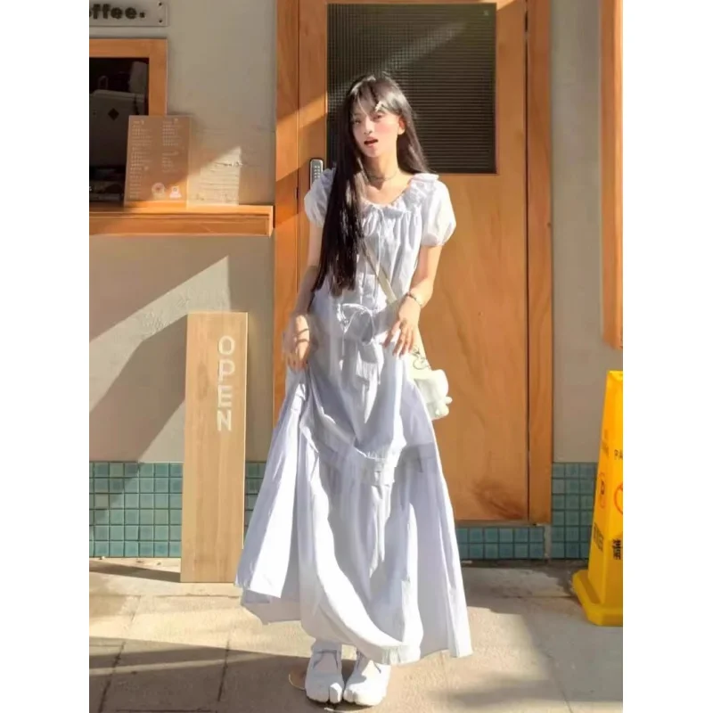 

French Style Ruffle Tie Dress for Women Summer Outfit Fashionable Youthful Blue Fairy Dress