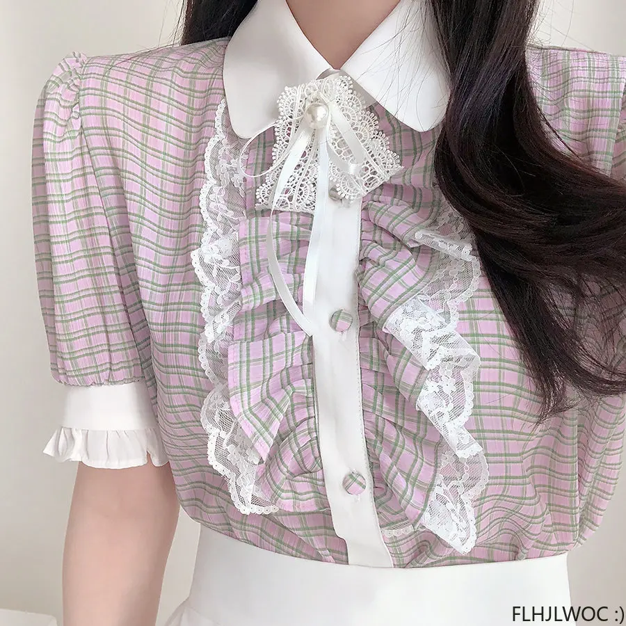 Thin Ribbon Bow Tie Cute Tops Preppy Style Vintage Japan Korea Elegant Office Lady Formal White Lace Ruffles Plaid Shirt Blouses