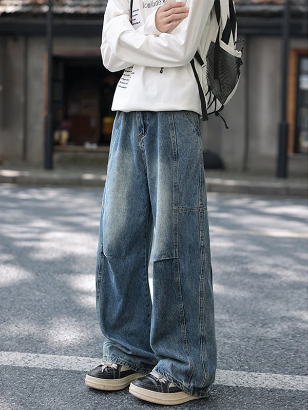

Retro American Washed Knife Denim Jeans Men's Autumn Loose Wide Leg Long Pants Splicing Design Low Waist Straight Leg Jeans