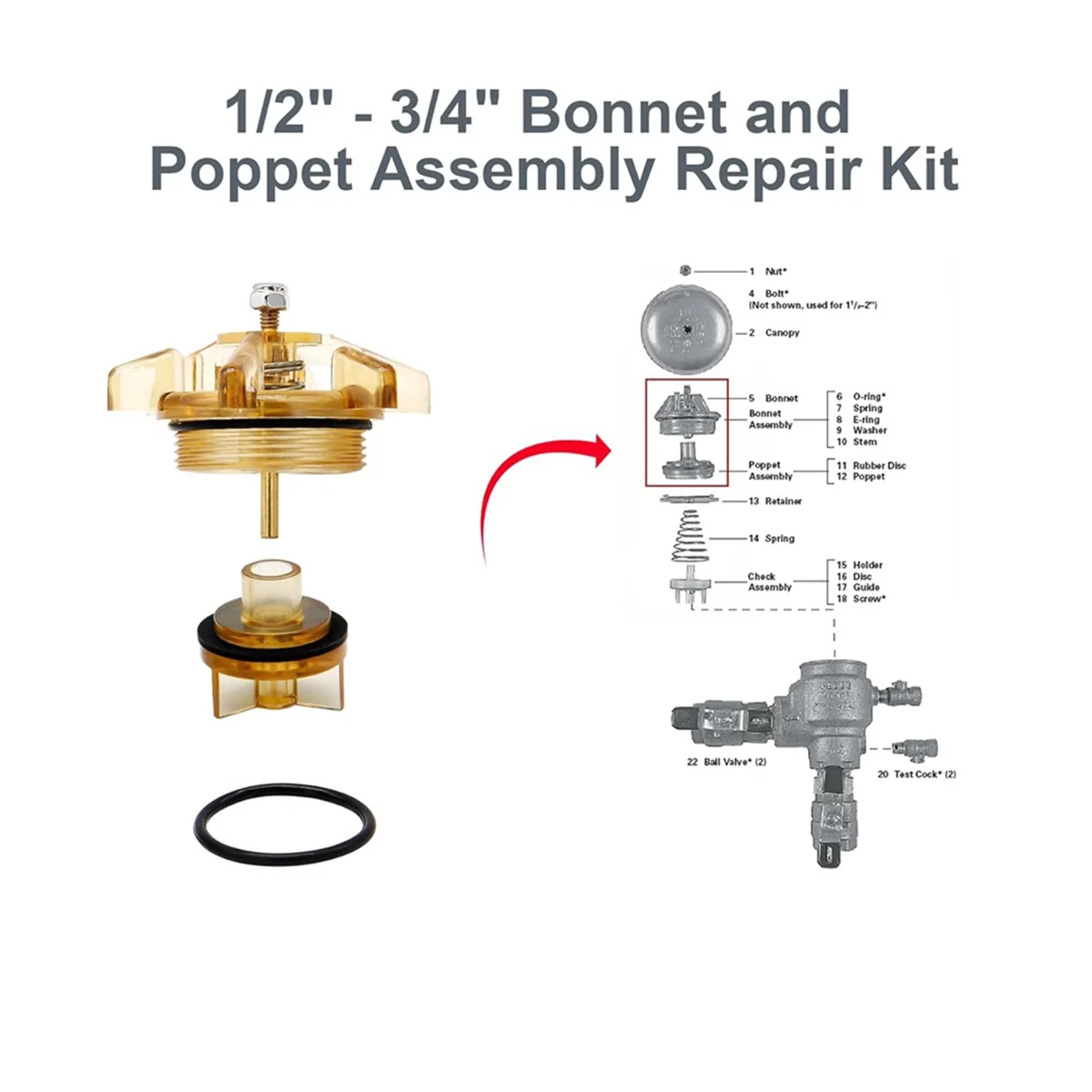 Bonnet and Poppet Repair Kit 905-211 905211 for Febco 765-1 PVB 1/2Inch and for Febco FVB 3/4Inch Backflow Preventer