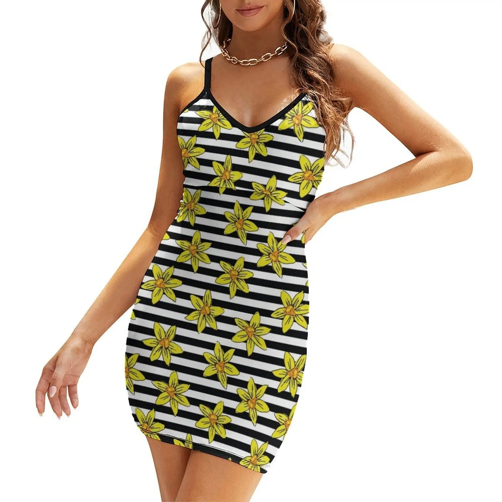 

Zebra Stripe Daffodil flower print Sling Dress women's summer clothing 2025 dress women summer 2025 african dresses for woman
