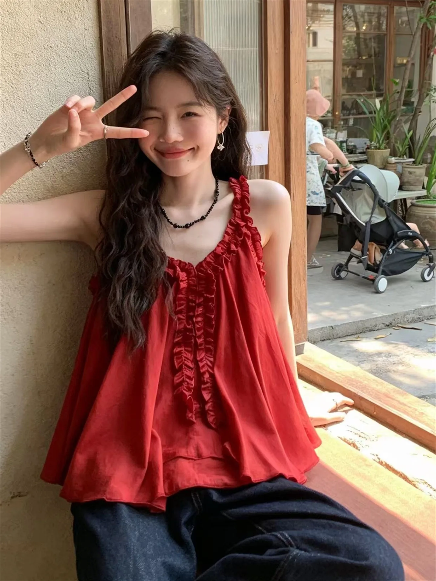 

Red Wood Grain Halter Top Women's Summer New Style Beach Vacation Outwear Small Vest Design Breathable V-neck Cotton