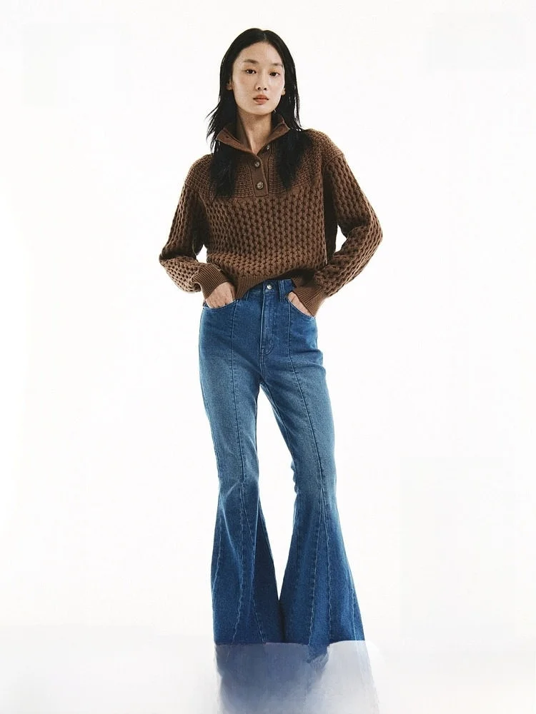 

H&M Women's Winter Knitted Texture Sweater Casual Fit Regular Thin Button Detail Cotton Acrylic Blend Hooded Sle