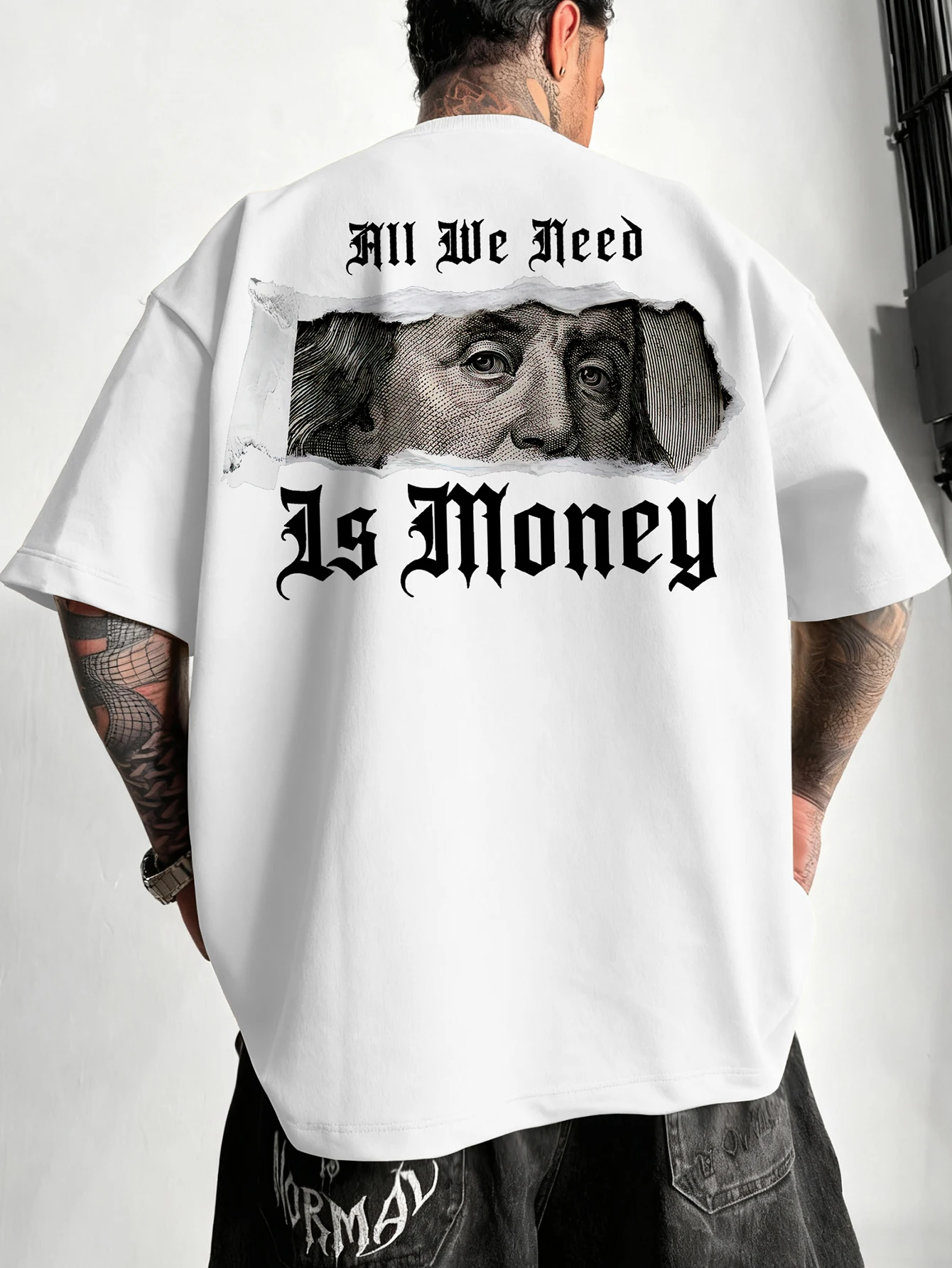 Men's Oversized Gothic Streetwear T-shirt Brand All We Need Is Money Franklin Dollar Torn Paper Graphic Print Loose Fit Cotton S