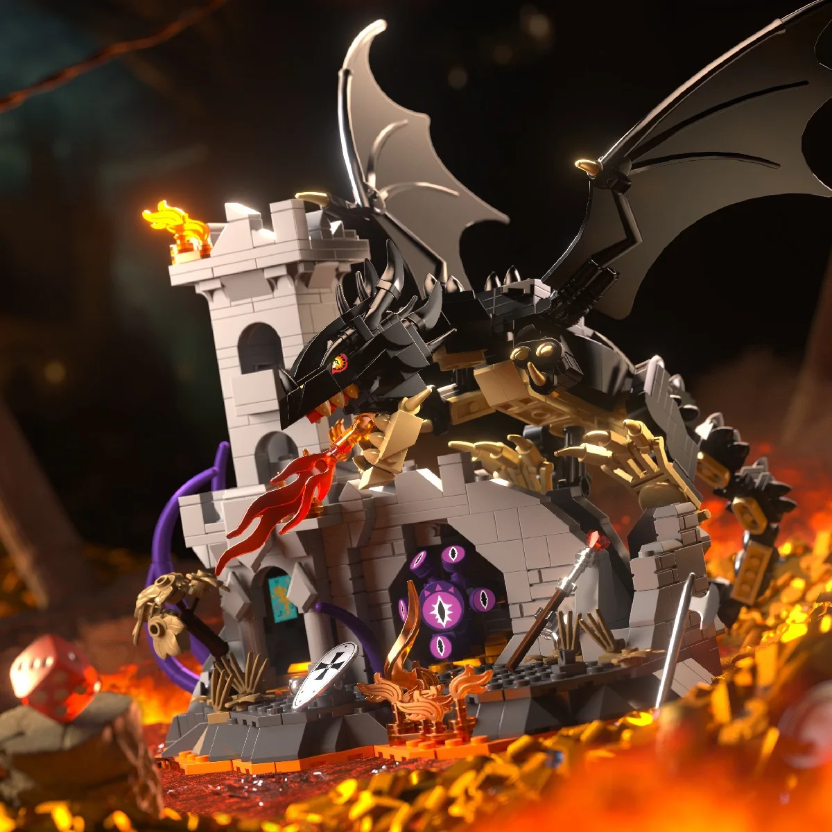 MOC 919 ELEMENTÓW Dungeons Fire Dragons Model Zestaw Klocków do Budowania Strażnik Skarbów Zamek Przygodowy Widok Ulicy Klocki DIY Zabawki Prezenty dla Dzieci