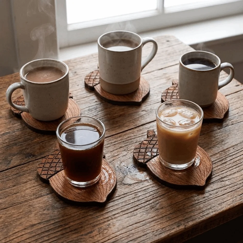 5PCS 2D Flat Acorn-Shaped Coasters Non-Slip Anti Scald Coffee Coasters Natural Heat-Resistant Insulation Pad Holiday Decor
