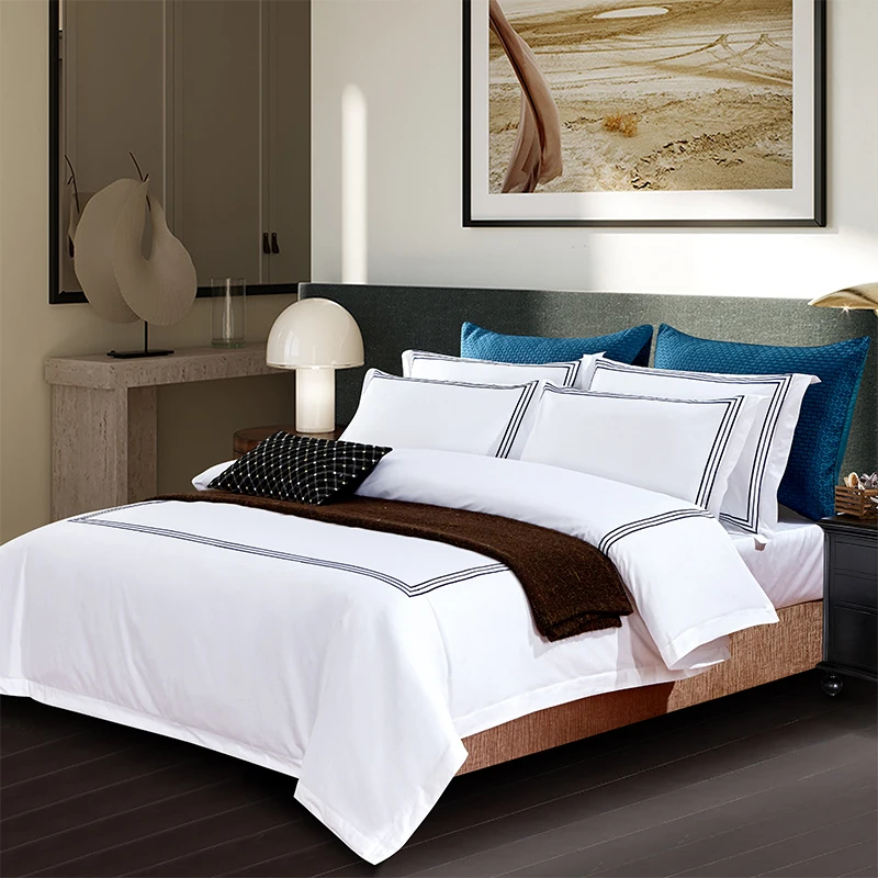 3pcs/set Luxury 100% Cotton 5 Stars Hotel  Quilt Cover Pure Cotton Satin Strip Bed Line Duvet Cover Gray  Blue Gold Black