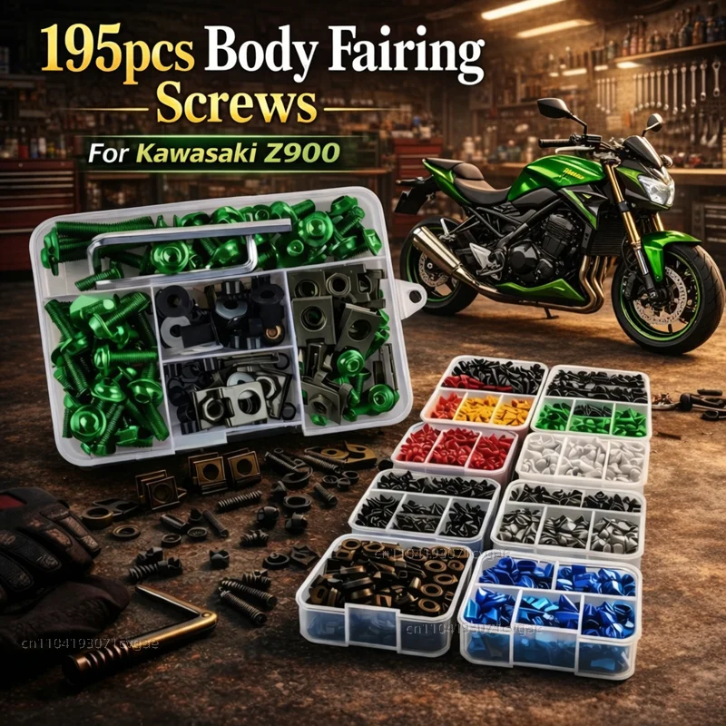 195-teiliges Motorrad-Verkleidungsschrauben-Set mit Muttern für KAWASAKI Z900 Z 900 2017-2026 2025 2024 2023 2022, Aluminium CNC-Clips