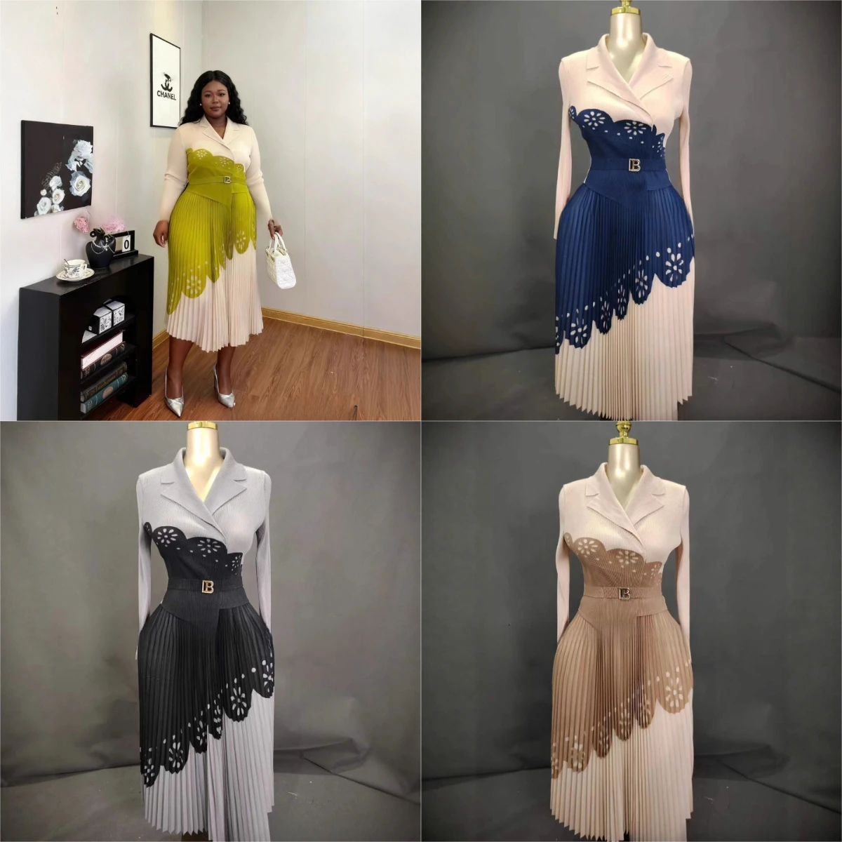 

Miyake Fold 2025 New Spring and Autumn Hot Stamping Color Blocked Fashion Embossed Suit Collar Large Women's Dress Pleated