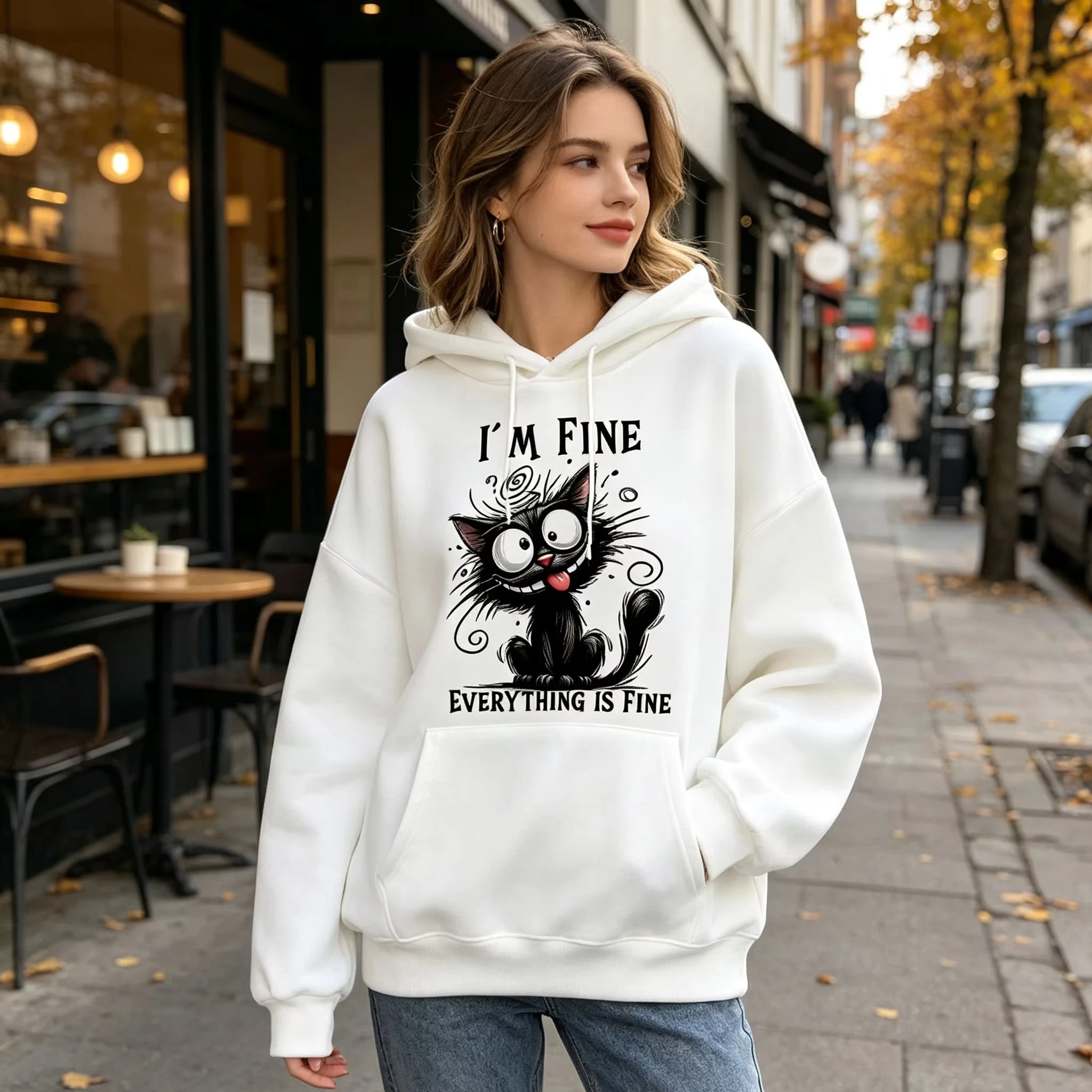 Damen „I'm Fine Everything Is Fine“ Schwarzer Katzen-Hoodie Lässiger Loser Langarm-Kapuzenpullover Lustiger Cartoon-Pullover Streetwear – Detail 11