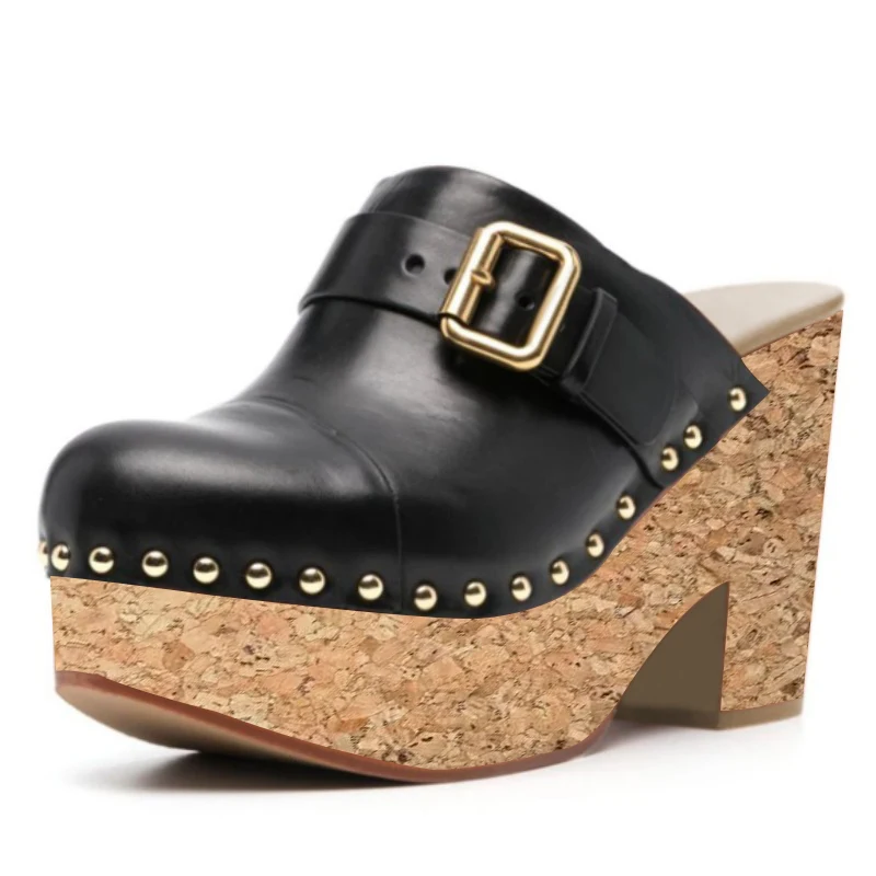 

SHOFOO Fashionable women's high-heeled slippers. Black leather slippers. About 11cm heel height. Closed toe slippers. SIZE:34-46